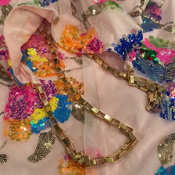 NWT gold chain strap sequin mini sheath dress square S M L pale pink multicolor - Picture 11 of 15